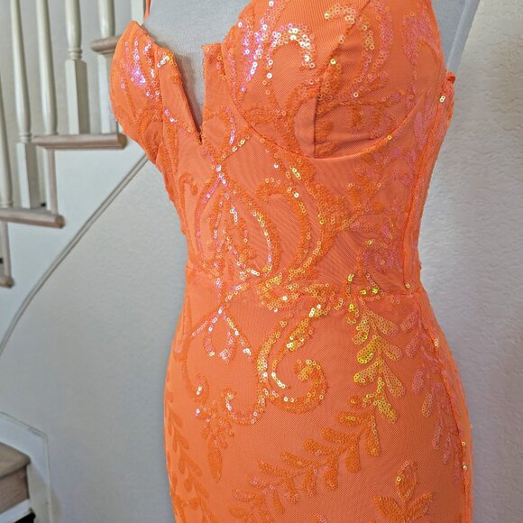 Neon Orange Sequined Formal Prom Homecoming Evening Mermaid Dress 2 - Picture 4 of 4